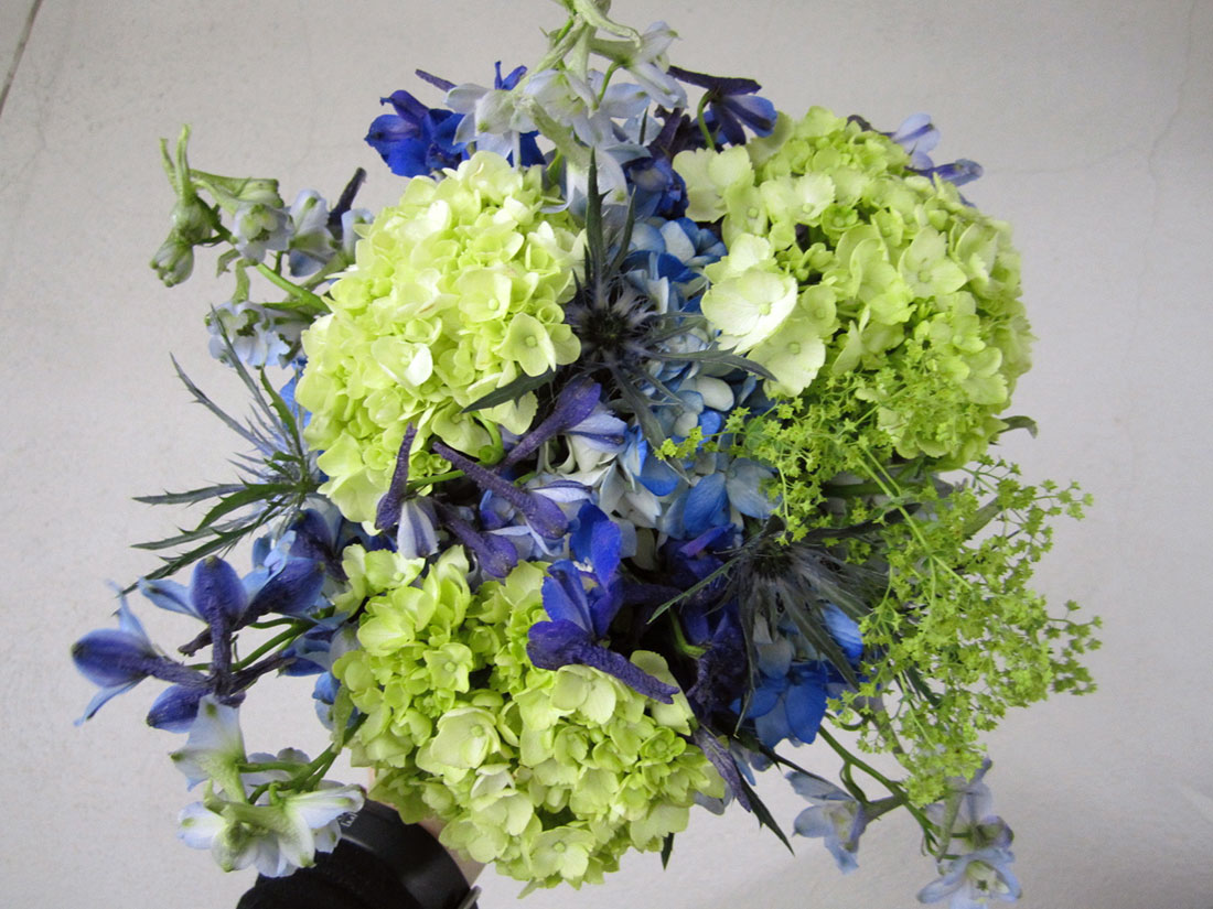 Blue and Green Bouquets: Private Home, Tish Long Wedding Flowers